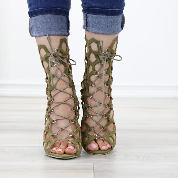 Lace-Up Strappy Olive Gladiator Suede Open Toe Needle High Heel Stiletto Sandals - Picture 10 of 11